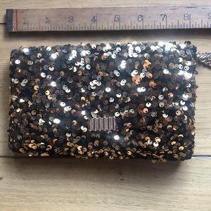 Gold and black sequin clutch evening bag with should chain